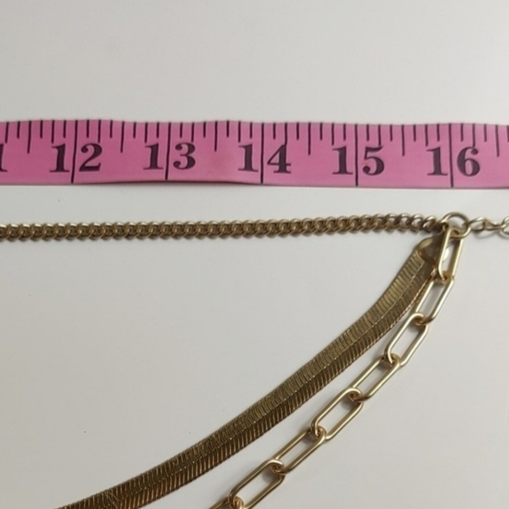 Chico's Gold Tone Layered Necklace Herringbone Chain Paperclip Link - Picture 4 of 7